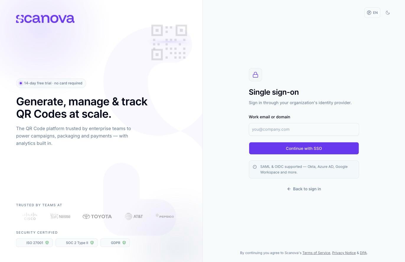 Single sign-on 界面,带有一个 Work email or domain 字段、一个 Continue with SSO 按钮,以及一条说明支持 Okta、Azure AD、Google Workspace 等的 SAML 和 OIDC 的提示