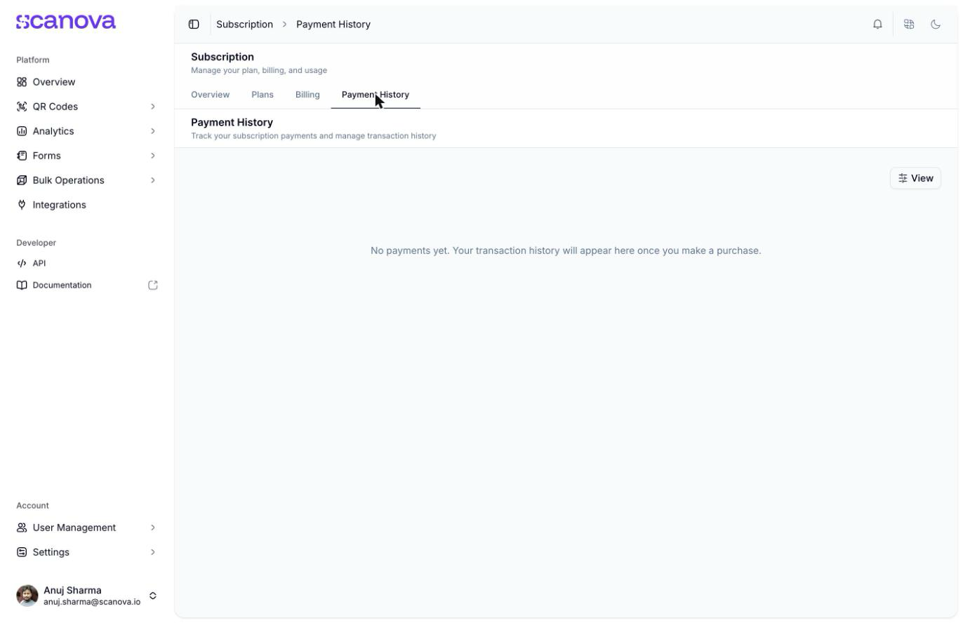 Payment History page with a View filter button and a centered message reading 'No payments yet. Your transaction