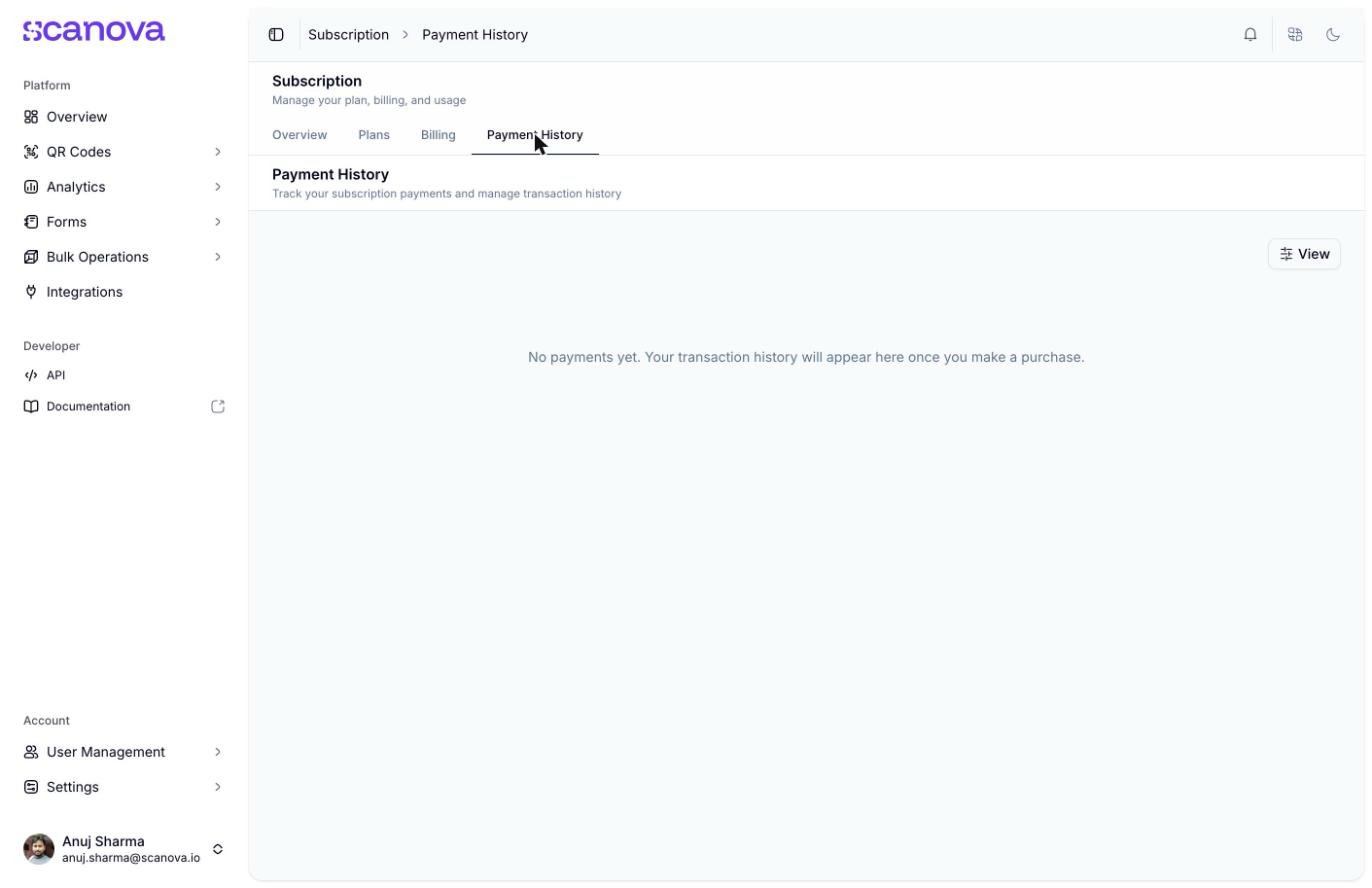 Payment History page with a View filter button and a centered message reading 'No payments yet. Your transaction