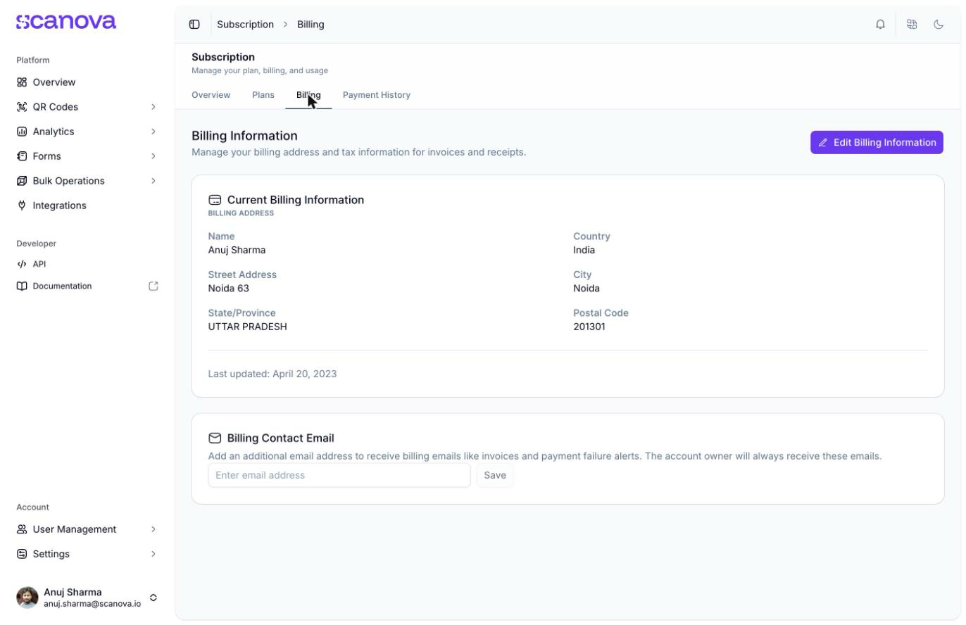 Billing Information tab showing a Current Billing Information card with name, street address, city, state, postal code