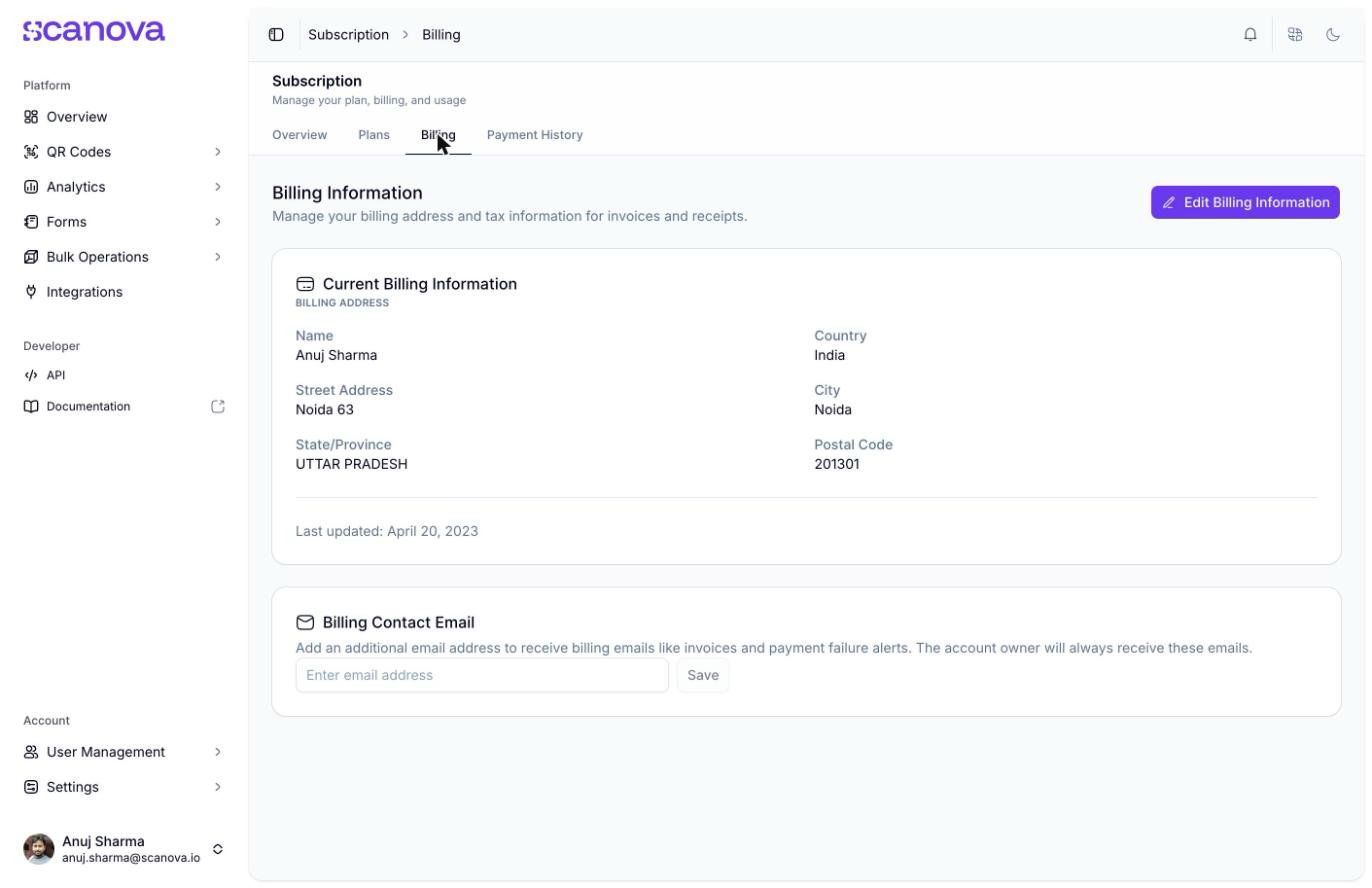 Billing Information tab showing a Current Billing Information card with name, street address, city, state, postal code