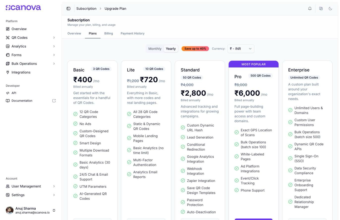 Onglet Plans affichant les cartes de plan Basic, Lite, Standard, Pro (marquée Most Popular), et Enterprise avec la tarification annuelle, un interrupteur Monthly/Yearly avec un badge Save up to 40%, un sélecteur de devise, et un plan à vie Ultra Lite en paiement unique sous la grille principale