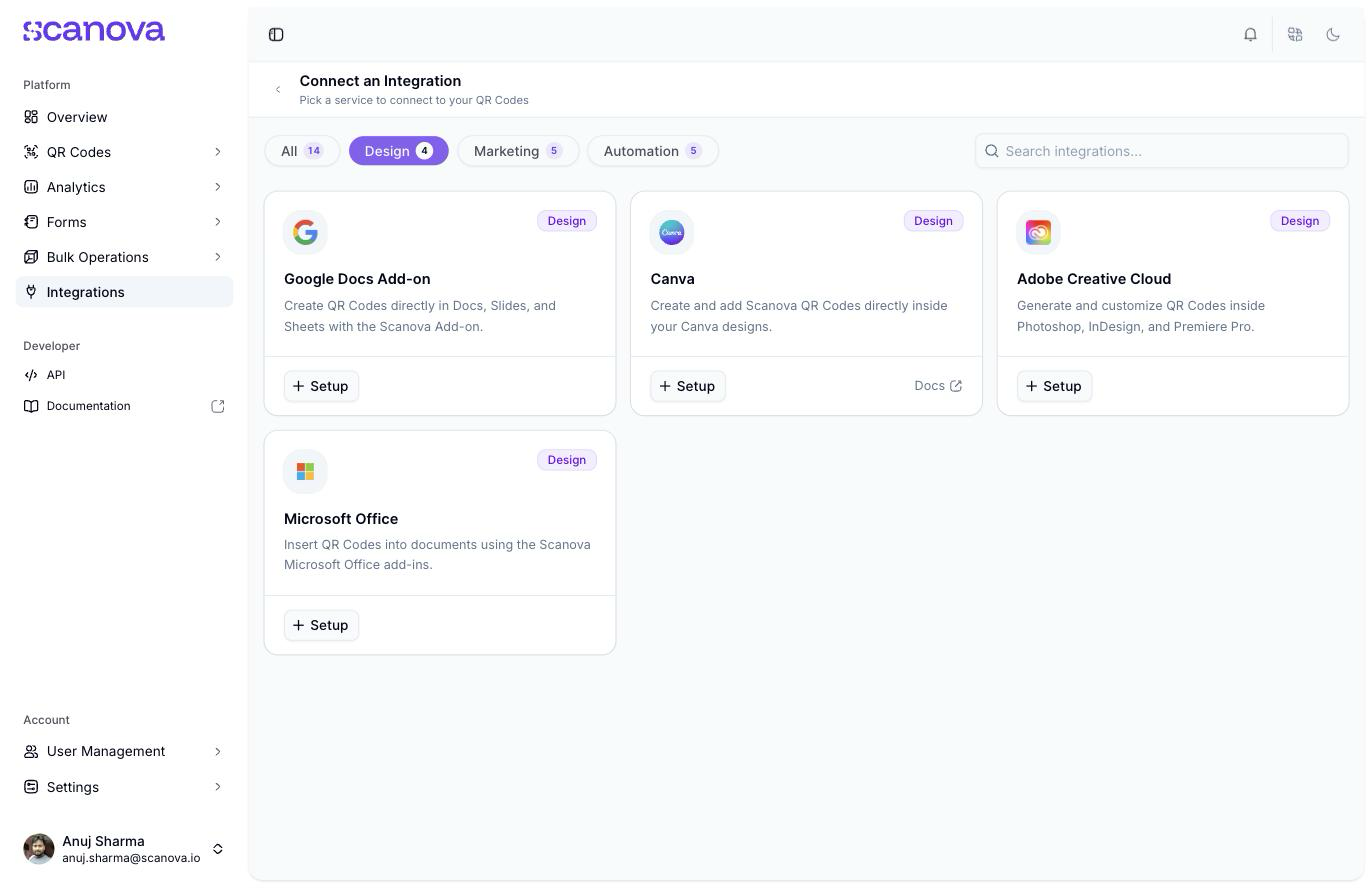 Scanova Integrations catalog filtered to the Design category, showing four cards: Google Docs Add-on, Canva