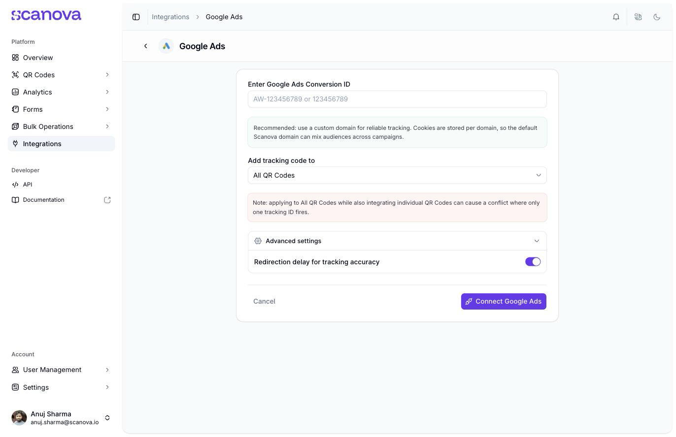 Google Ads setup page with an Enter Google Ads Conversion ID field, a green tip about custom domains