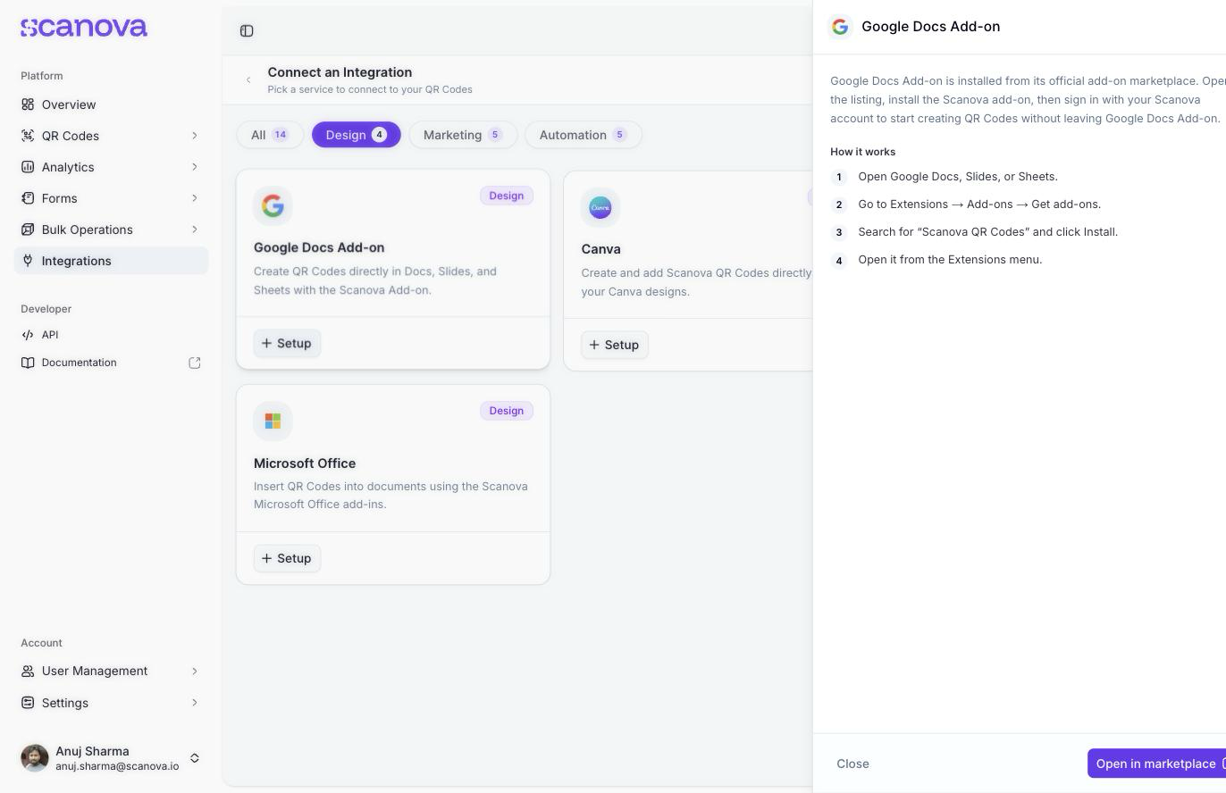 Panneau de configuration Google Docs Add-on de Scanova affichant une description de l'intégration, une liste « How it works » en quatre étapes, et un bouton Open in marketplace