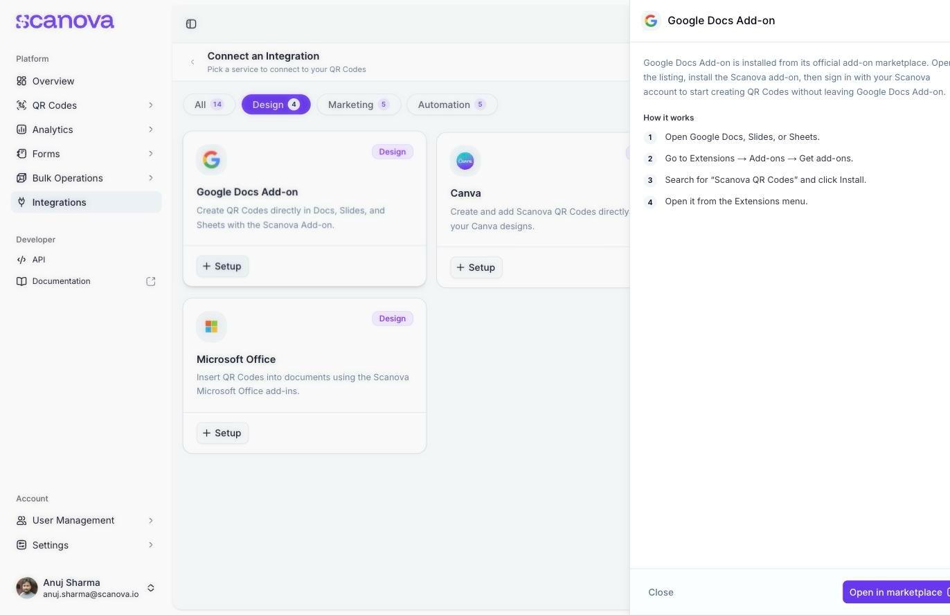 Scanova 的 Google Docs Add-on 设置面板,显示集成说明、四步 'How it works' 列表,以及一个 Open in marketplace 按钮