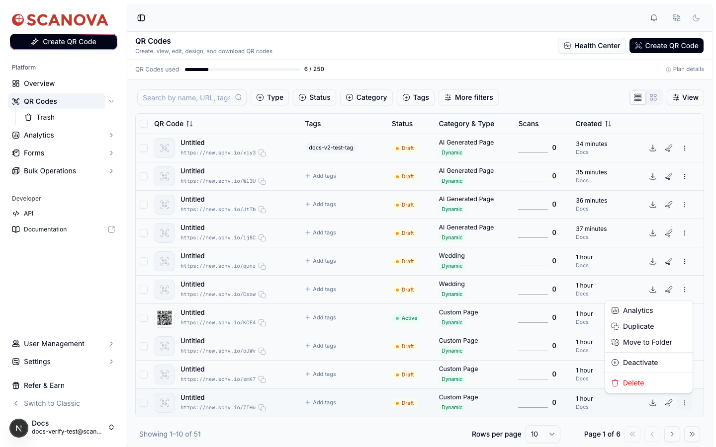 QR code row action menu open on the QR list, showing Analytics, Duplicate, Move to Folder, Deactivate, and Delete options