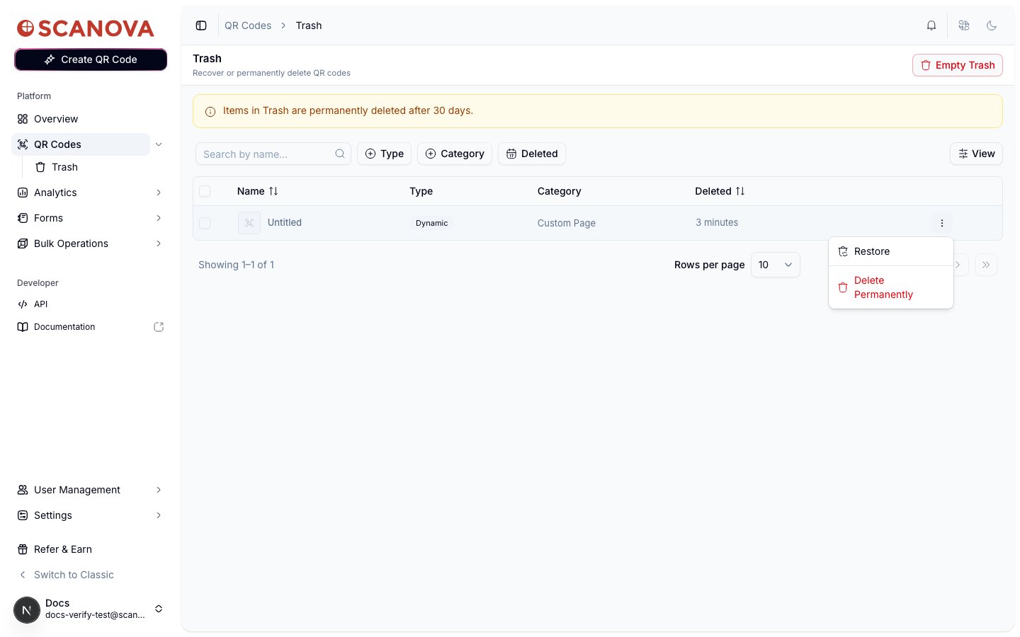 Row action menu on the Trash page showing Restore and Delete Permanently options