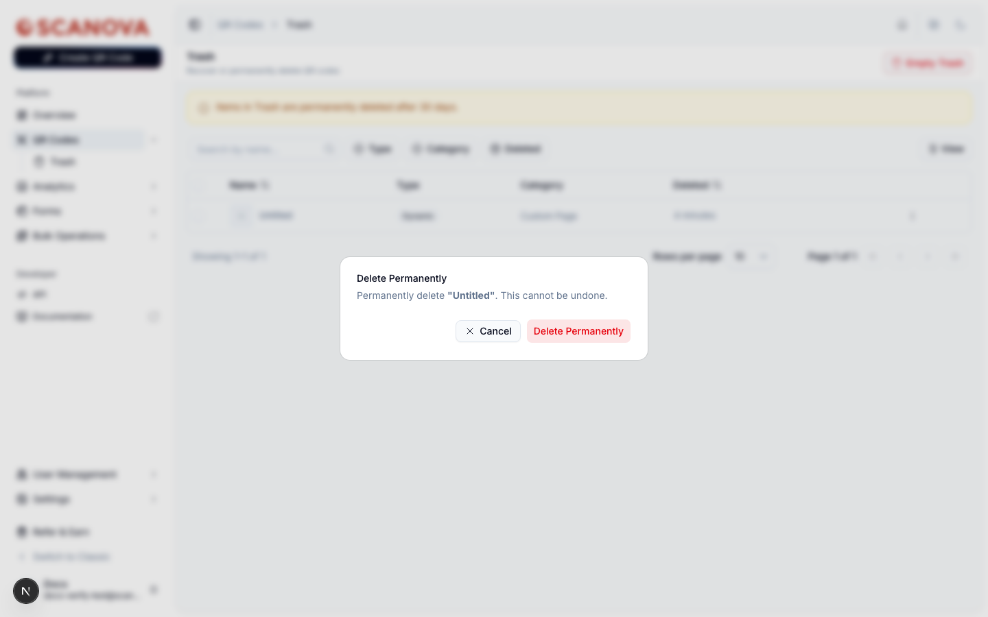 Delete Permanently confirmation dialog reading 'Permanently delete Untitled. This cannot be undone.' with Cancel and Delete Permanently buttons