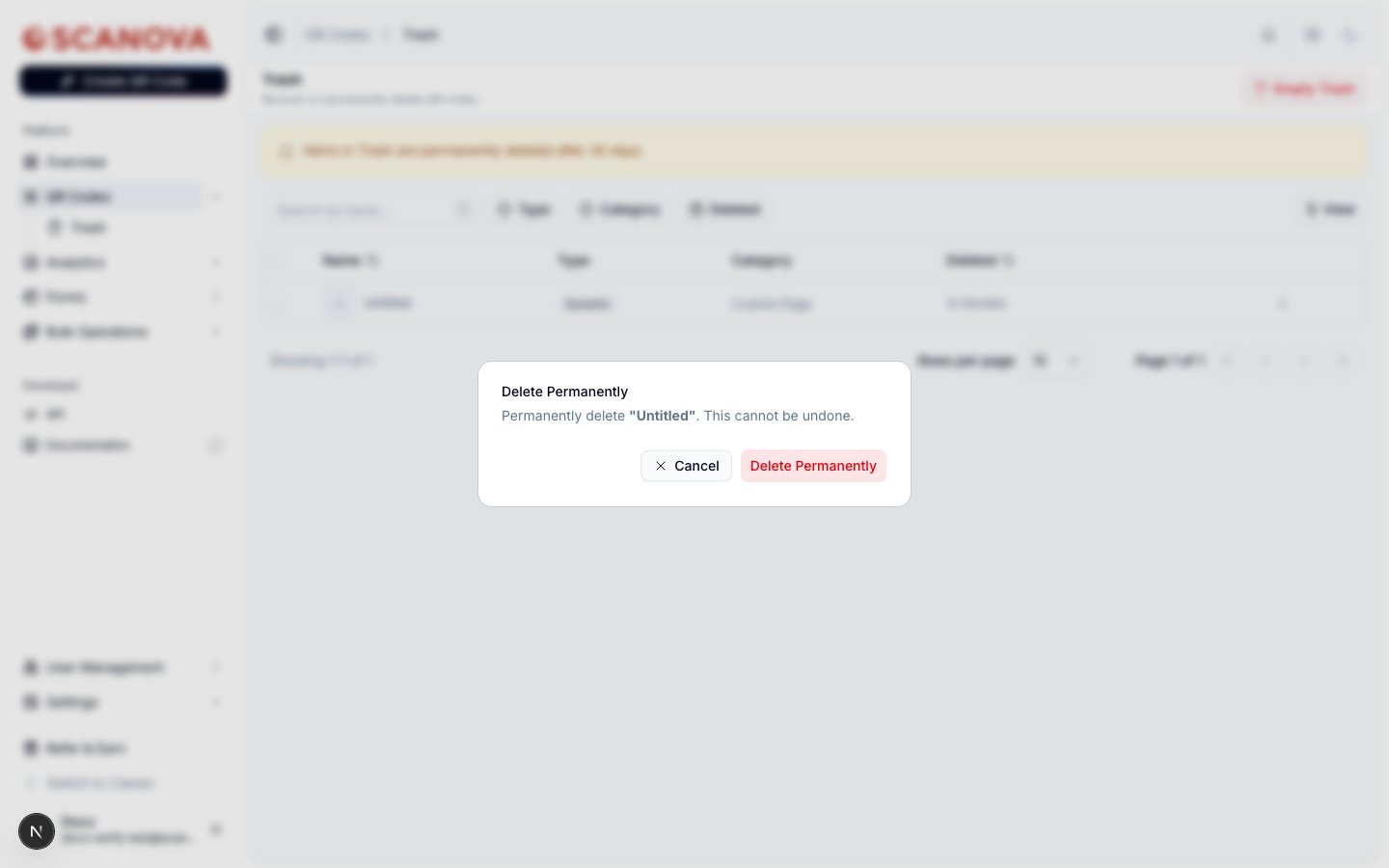 Delete Permanently confirmation dialog reading 'Permanently delete Untitled. This cannot be undone.' with Cancel and Delete Permanently buttons