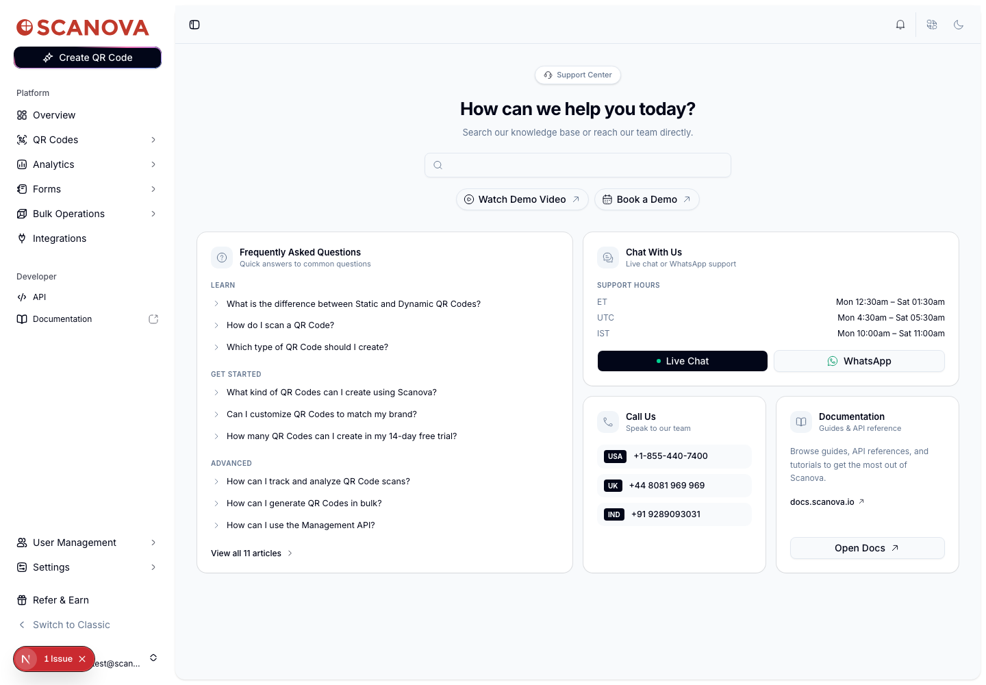 Página Support Center con el encabezado 'How can we help you today?', una barra de búsqueda, botones Watch Demo Video y Book a Demo, y cuatro tarjetas: Frequently Asked Questions, Chat With Us, Call Us y Documentation