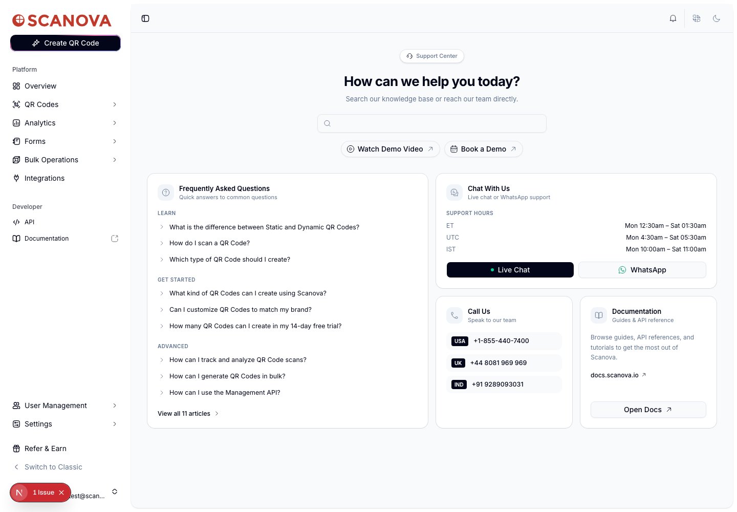 Support Center page with the heading 'How can we help you today?', a search bar, Watch Demo Video and Book a Demo buttons, and four cards: Frequently Asked Questions, Chat With Us, Call Us, and Documentation