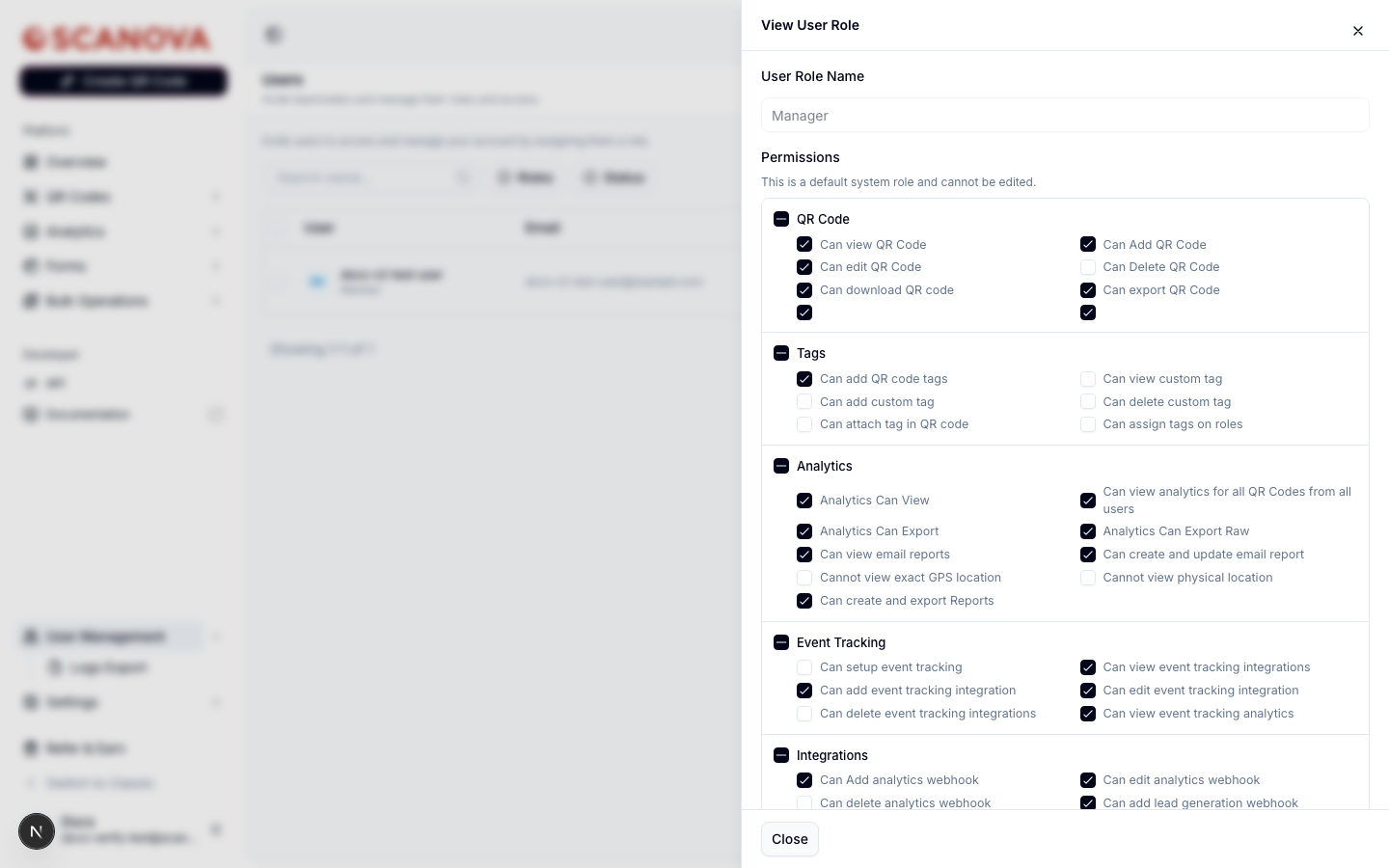 View User Role drawer for the Manager role, with a disabled User Role Name field and a Permissions section reading 'This is a default system role and cannot be edited,' followed by checkbox groups for QR Code, Tags, Analytics, Event Tracking, and Integrations