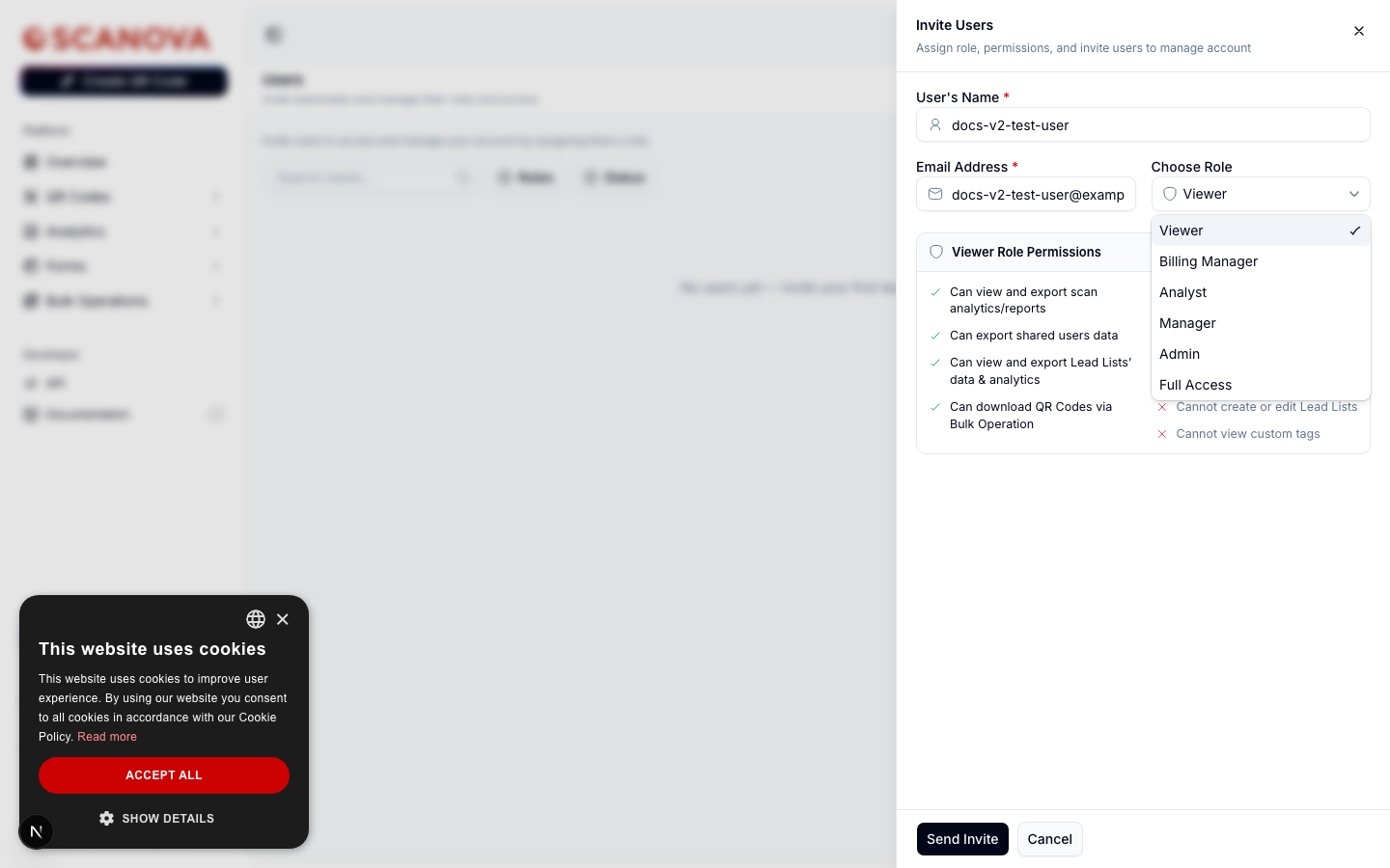 Choose Role dropdown open, showing Viewer, Billing Manager, Analyst, Manager, Admin, and Full Access as selectable roles