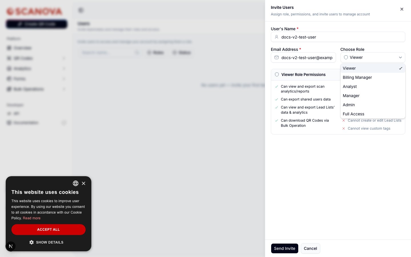 Choose Role dropdown open, showing Viewer, Billing Manager, Analyst, Manager, Admin, and Full Access as selectable roles