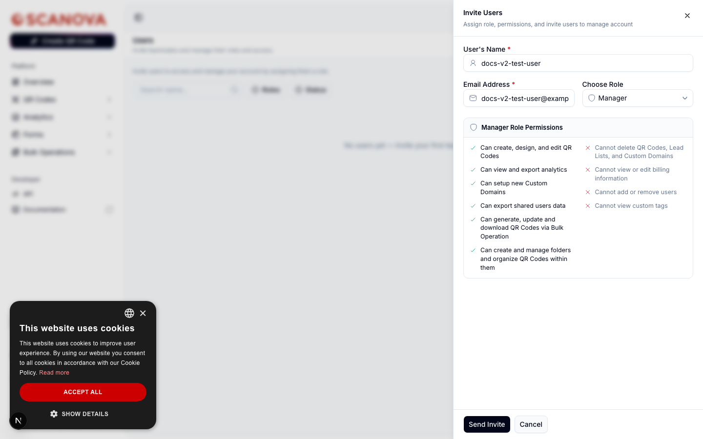 Invite Users drawer with Manager selected in the Choose Role dropdown, showing the Manager Role Permissions panel with a green checkmark list of Can items and a red X list of Cannot items