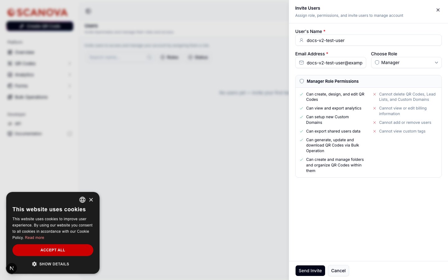 Invite Users drawer with Manager selected in the Choose Role dropdown, showing the Manager Role Permissions panel with a green checkmark list of Can items and a red X list of Cannot items