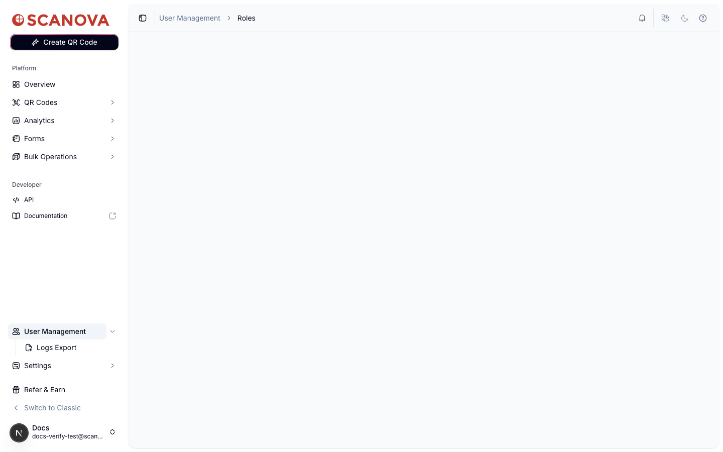 User Management > Roles breadcrumb with an entirely blank content area below it, because the account lacks the quota required to view or manage custom roles