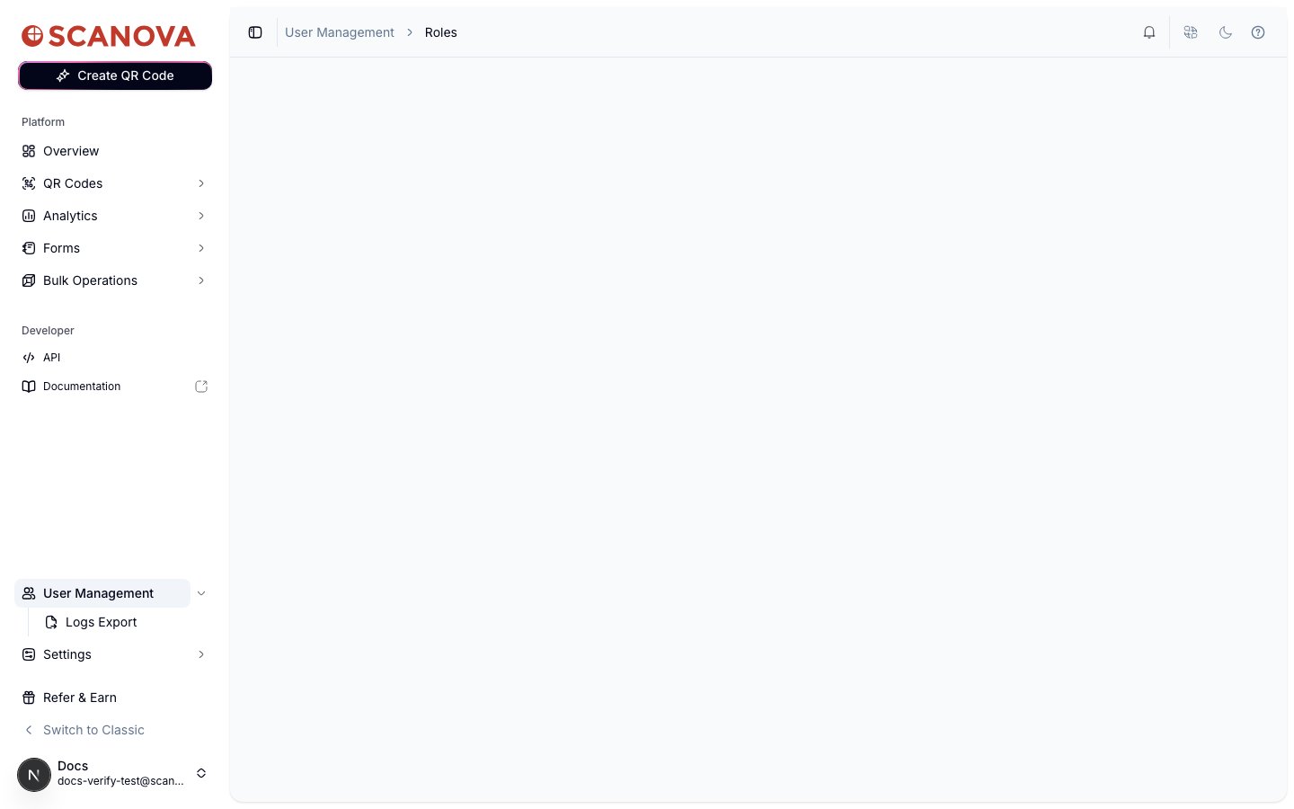 User Management > Roles breadcrumb with an entirely blank content area below it, because the account lacks the quota required to view or manage custom roles