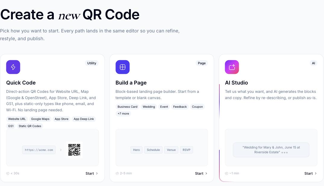 Create a new QR Code screen showing three cards: AI Studio (labeled AI, with a Start button)