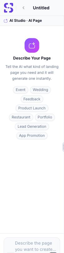 AI Studio entry screen with a 'Describe your page' heading, explanatory text, eight suggestion chips