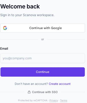 Page de connexion Scanova avec un bouton Continue with Google au-dessus d'un champ e-mail, un bouton Continue, et des liens Create account et Continue with SSO