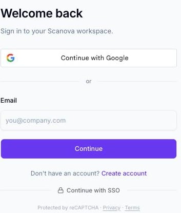 Page de connexion Scanova avec un bouton Continue with Google au-dessus d'un champ e-mail, un bouton Continue, et des liens Create account et Continue with SSO