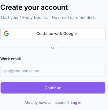 Page Create your account de Scanova avec un bouton Continue with Google au-dessus d'un champ Work email et un bouton Continue