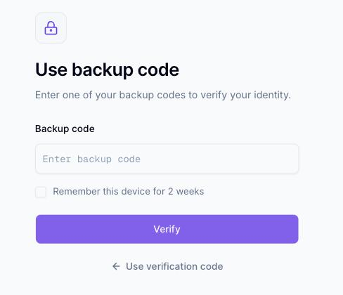Écran Use backup code avec un champ de saisie de code de secours, une case à cocher Remember this device for 2 weeks, et un bouton Verify