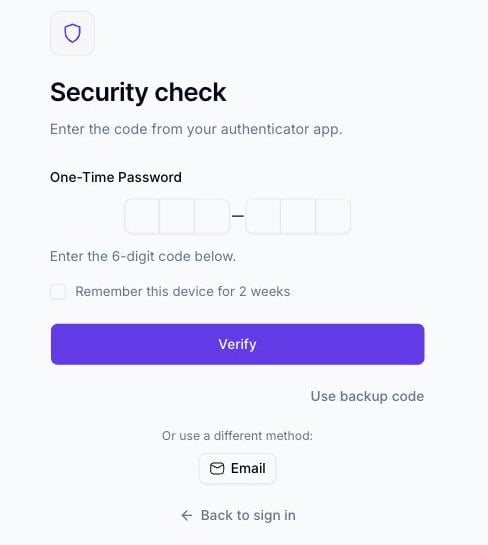 Écran Security check indiquant « Use your passkey to finish signing in », avec une case à cocher Remember this device for 2 weeks, un bouton Sign in with your passkey, et un lien Use backup code