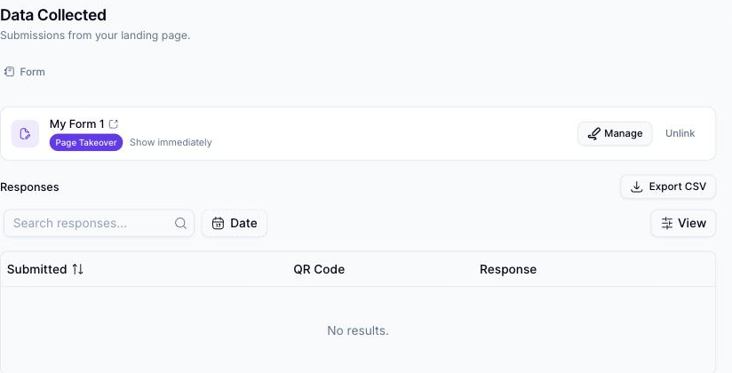 Detailseite eines QR-Codes, Tab „Erfasste Daten“, mit einem verknüpften Formular und einer Schaltfläche „Export CSV“ über einer leeren Antworten-Tabelle