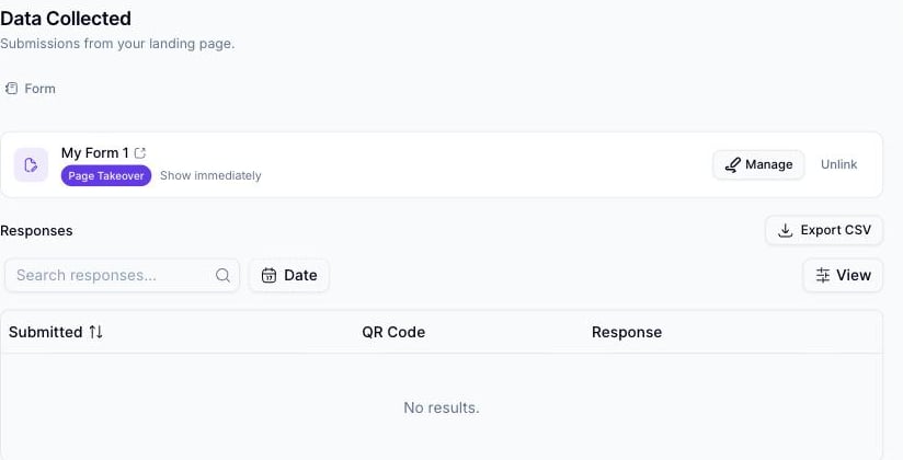 二维码详情页,Data Collected 选项卡,显示一个已关联的表单和一个位于空响应表格上方的 Export CSV 按钮