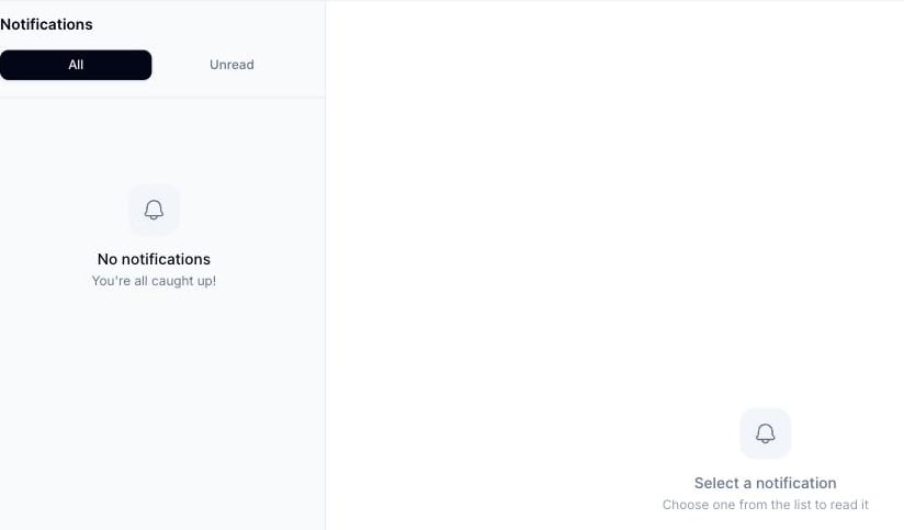 Página Notifications mostrando las pestañas All y Unread, una lista de notificaciones vacía que indica 'No notifications — You're all caught up!', y un panel de detalle vacío que indica 'Select a notification — Choose one from the list to read it'