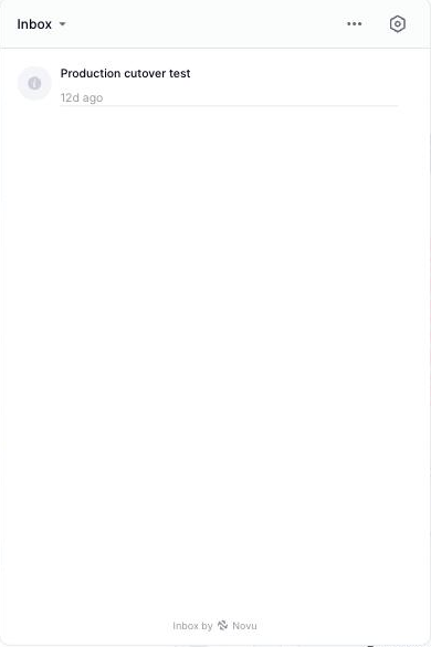 Un popover abierto desde el icono de campana de la barra superior, mostrando un menú desplegable etiquetado Inbox, varias filas de notificaciones con esqueleto de carga, y una pequeña atribución 'Inbox by Novu' en la parte inferior