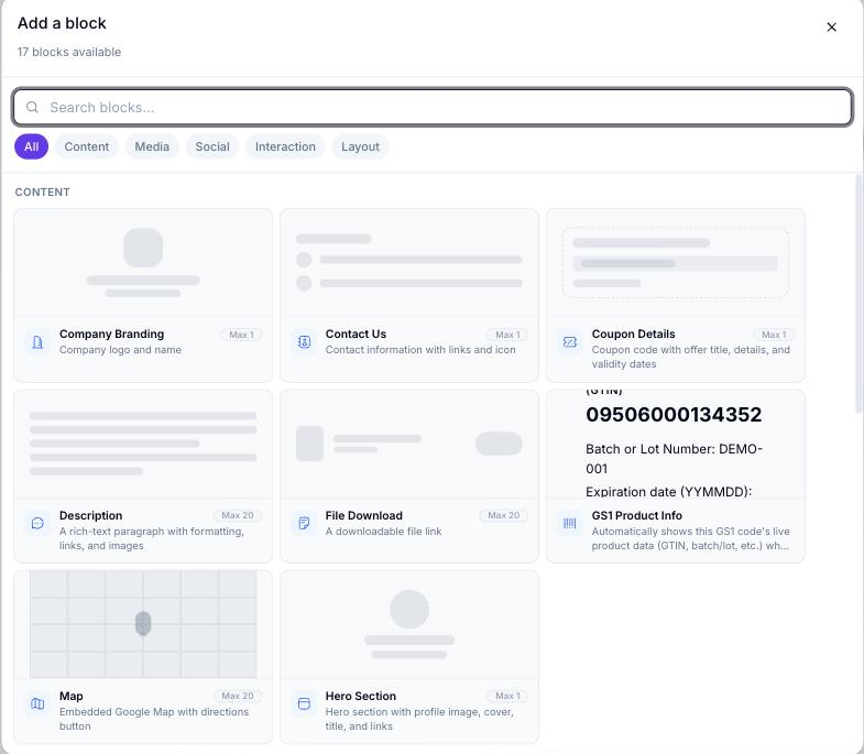 منتقي Add a block مفتوح في Page Builder، يعرض علامات تبويب الفئات وبطاقات كتل فئة Content بما في ذلك GS1 Product Info وHero Section