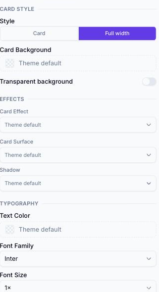 Design tab open on a Description block, showing Card Style (Style, Card Background, Transparent background)