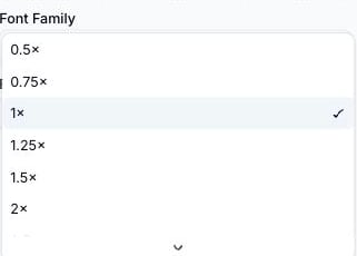 Font Size dropdown open showing multiplier options from 0.5x to 4x, with 1x checked as the current selection