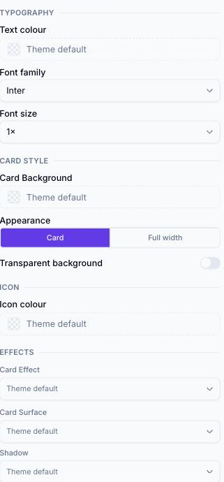 Design tab on the Event Venue block showing Typography, Card Style, an ICON group with Icon colour, and Effects