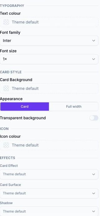 Design tab on the Event Venue block showing Typography, Card Style, an ICON group with Icon colour, and Effects