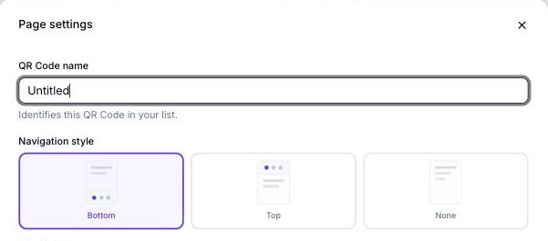 Boîte de dialogue Page settings montrant le champ de nom du code QR et un sélecteur Navigation style avec trois cartes visuelles : Bottom (sélectionnée), Top et None
