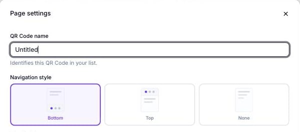 Boîte de dialogue Page settings montrant le champ de nom du code QR et un sélecteur Navigation style avec trois cartes visuelles : Bottom (sélectionnée), Top et None