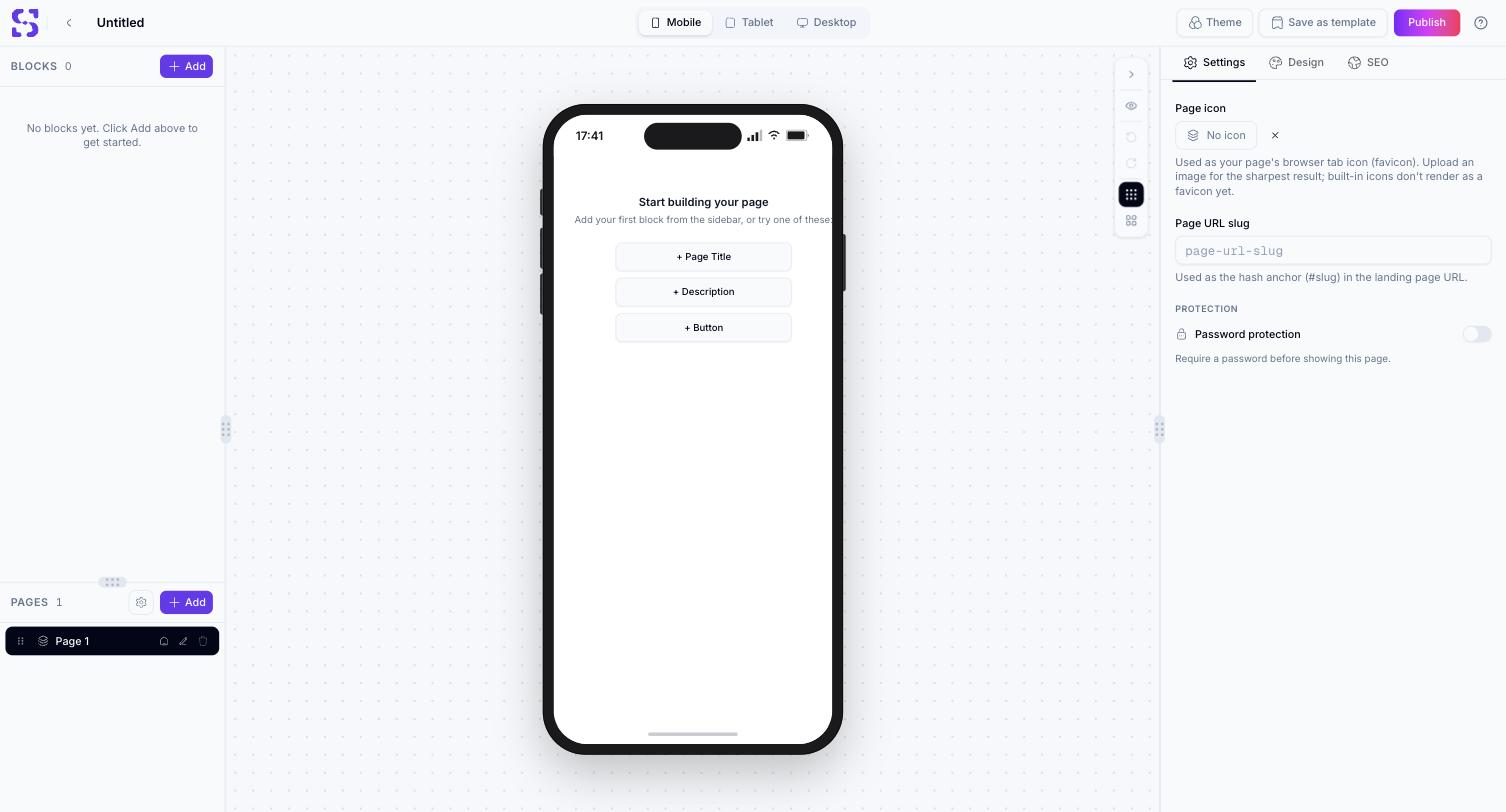 Page builder editor showing an empty Blocks list and Pages list on the left