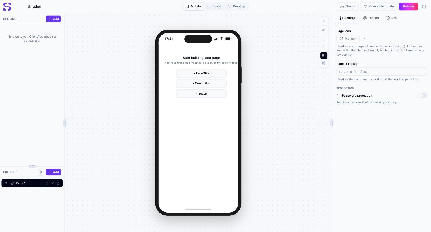 Page Builder 编辑器左侧显示空的 Blocks 列表和 Pages 列表,中间是移动端画布预览,带有 Page Title、Description 和 Button 的快速添加按钮,右侧是设置面板,包含 Page icon、Page URL slug 和 Password protection 字段