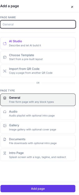 Add a page sheet with a Page Name field, three creation-method cards (AI Studio, Choose Template, Import from QR Code)