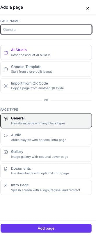 Add a page 面板包含一个 Page Name 字段、三张创建方式卡片(AI Studio、Choose Template、Import from QR Code)、一条 OR 分隔线,以及五个页面类型选项(General、Audio、Gallery、Documents、Intro Page),其中 General 已被选中