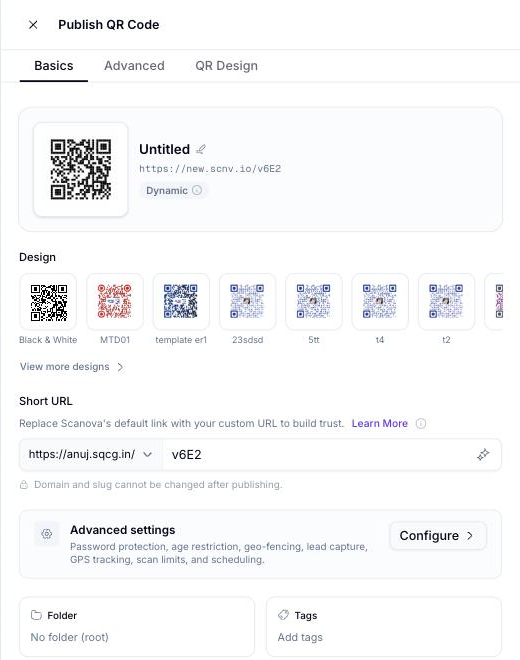 Panneau Publish QR code montrant un aperçu du code QR, un nom modifiable, un champ Short URL slug, QR Type (Dynamic QR code), un sélecteur Folder et un champ Tags, avec les boutons Cancel et Publish