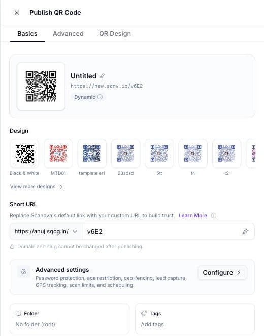 Publish QR code 面板显示二维码预览、可编辑名称、Short URL slug 字段、QR Type(Dynamic QR code)、文件夹选择器和 Tags 字段,以及 Cancel 和 Publish 按钮