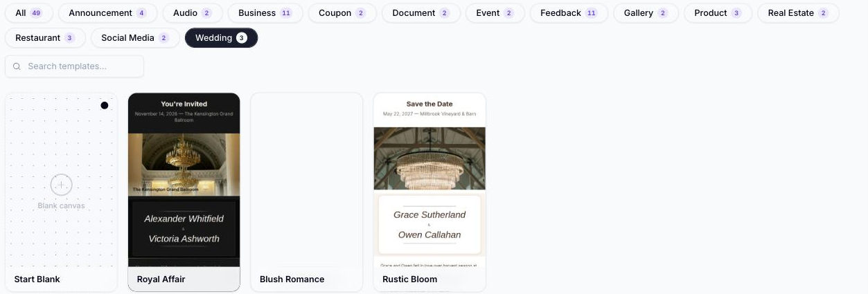 Template gallery filtered to the Wedding category, showing Start Blank, Royal Affair, Blush Romance