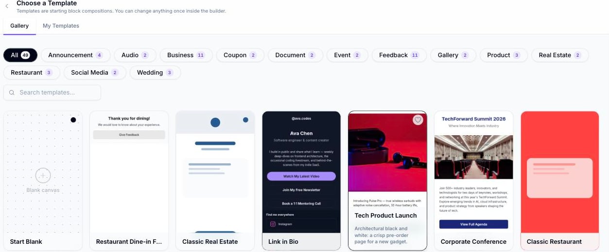 Choose a template screen with the Gallery tab active, category tag filters along the top