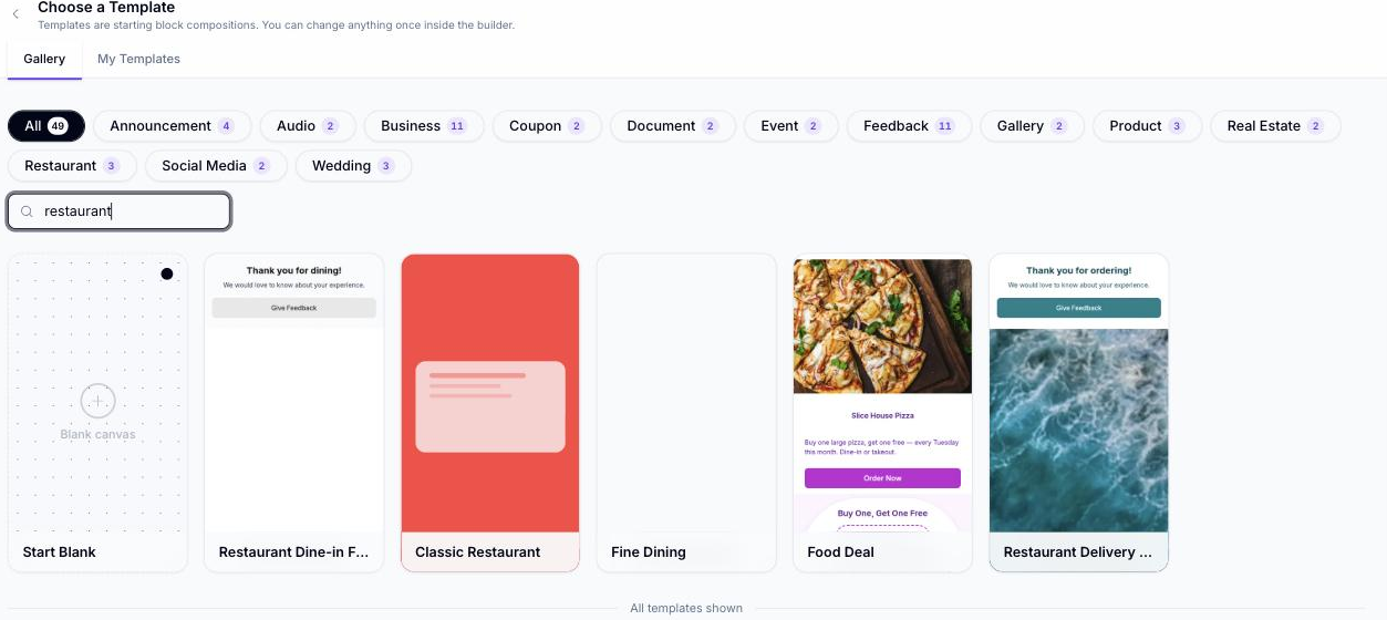 Template gallery filtered by the search term restaurant, showing Start Blank, Restaurant Dine-in Feedback, Fine Dining